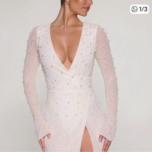 NWT Oh Polly White Beaded Long Sleeve Dress